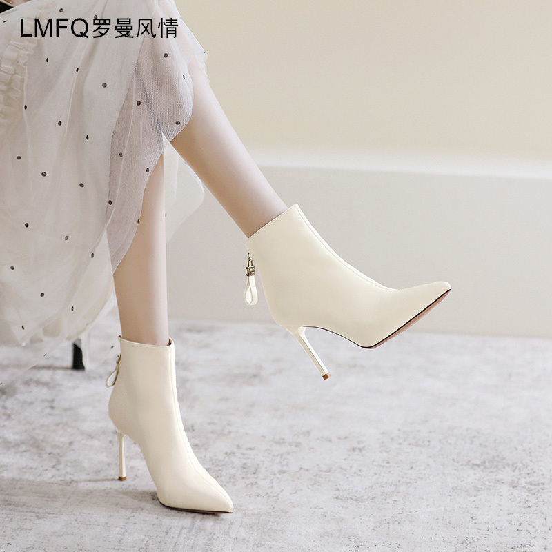 2026 Autumn and Winter New Beige Pointed Toe Short Boots Women's High Heel Slim Boots White Women's Boots Stiletto Martin Boots Women's Fleece-Lined