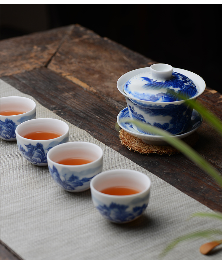 Blue and white landscape three offered home - cooked at flavour hand - made tureen lid cup of jingdezhen ceramic bowl kung fu tea set