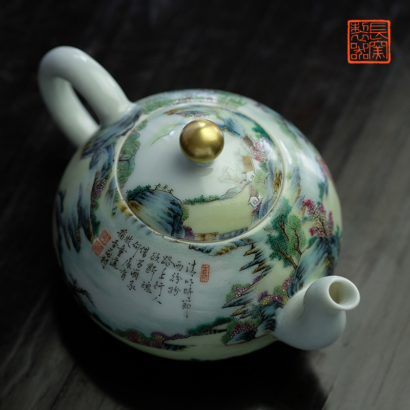 Long up controller offered home - cooked pastel qingming outing in poetic figure teapot jingdezhen pure manual imitation of tea set