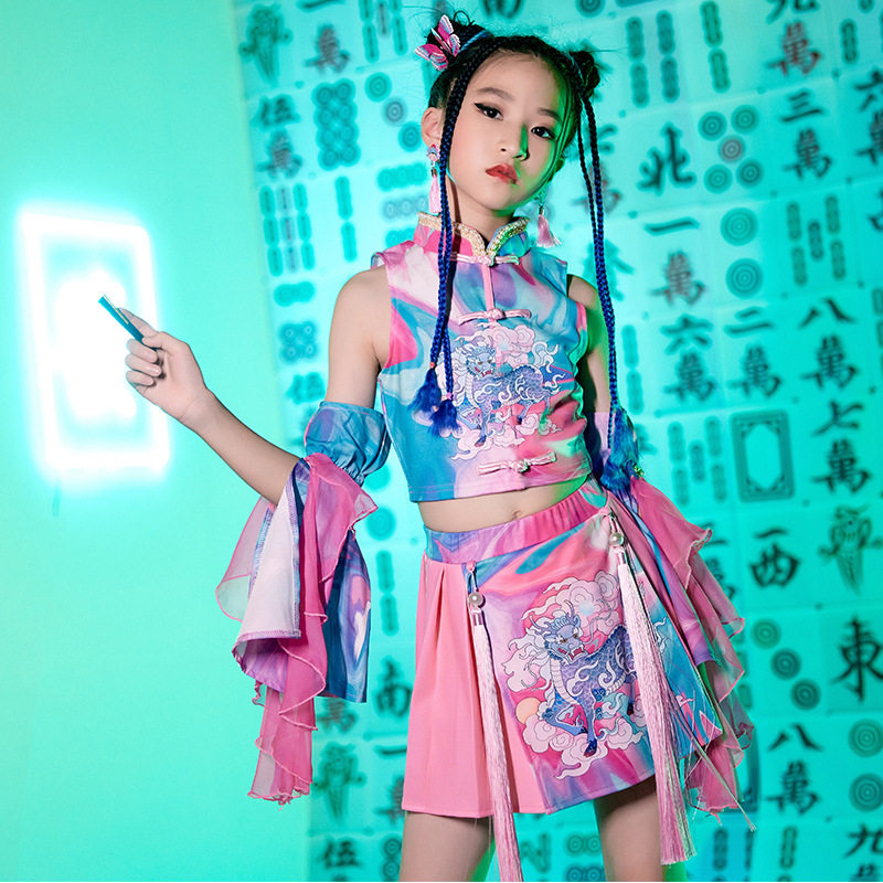 Children's National Tide Catwalk Fashion Dress Girls Children Dance Stage Performance Costume Suit Chinese Wind Trumpet Sleeve Costume