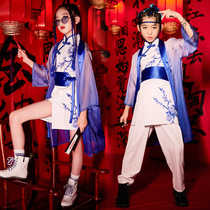 Boys and girls runway models catwalk costumes national tide blue and white porcelain cheongsam Chinese style childrens ancient style costumes