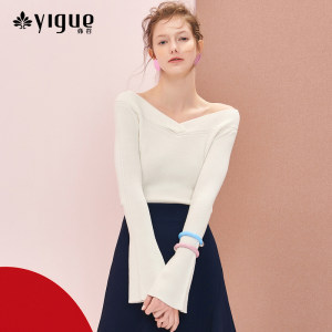 白色套头针织衫女 亦谷2019秋新款V领长袖百搭打底衫喇叭袖上衣