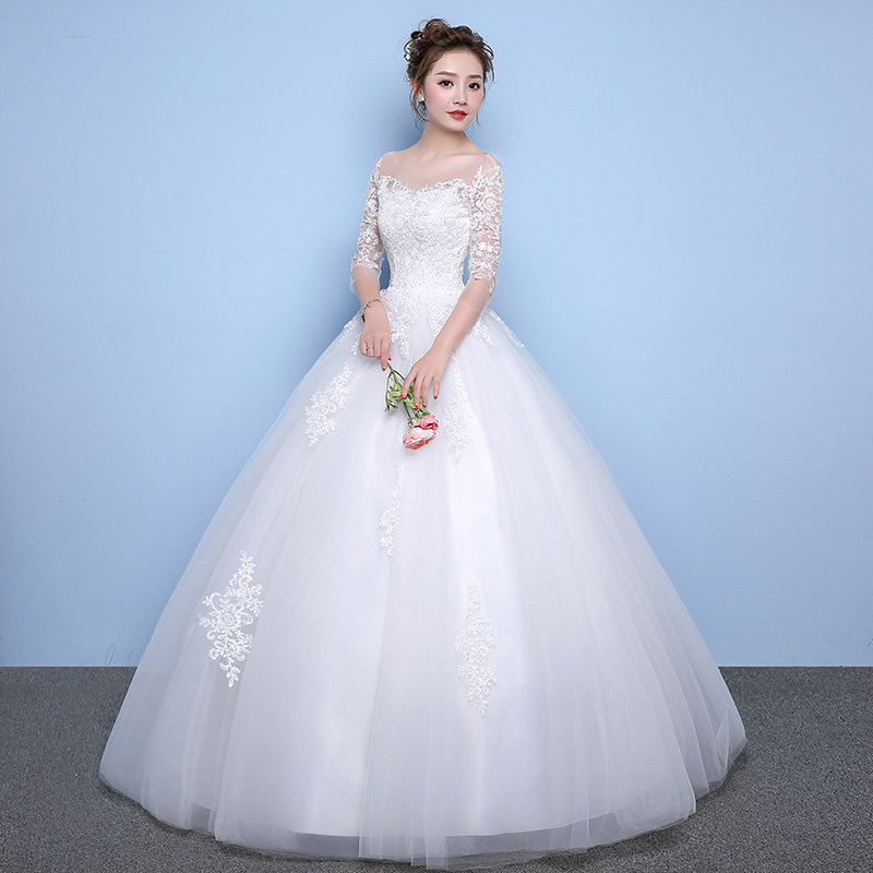 Wedding dress 2021 new large size bride wedding word shoulder long sleeve lace tail thin Qi Qi pregnant woman