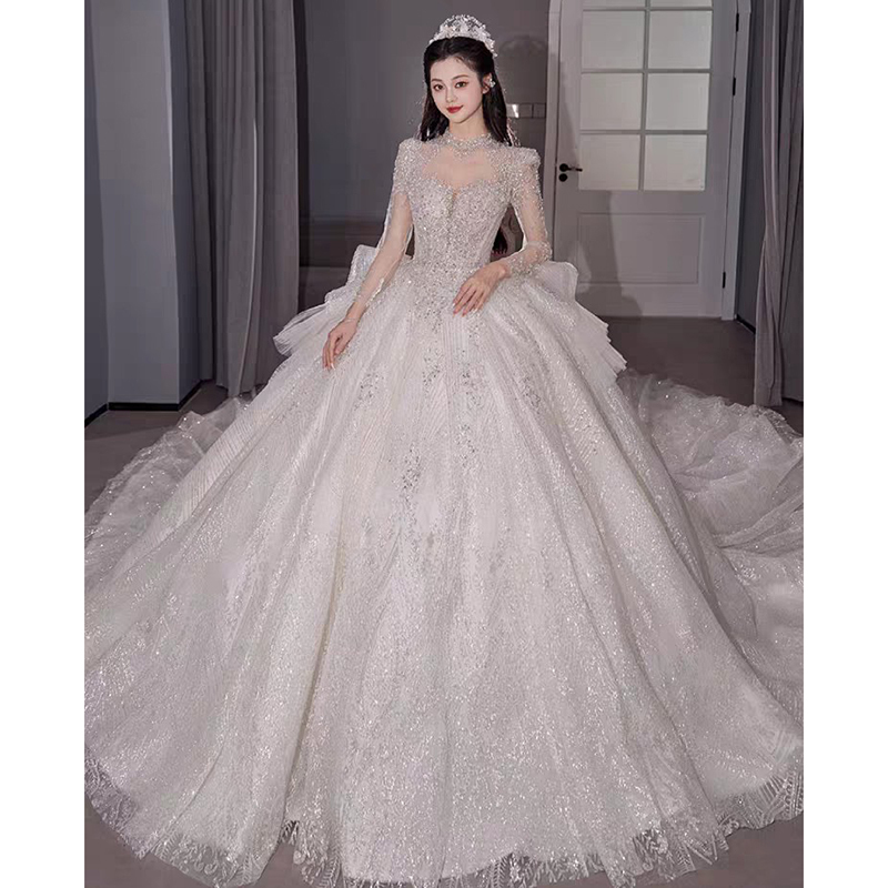 High-End Bridal Gown with Long Sleeves, Spring Season, Luxurious and Unique, French-Style Main Gown with a Train, Heavy Craftsmanship, Plus-Size, for the Wedding Ceremony
