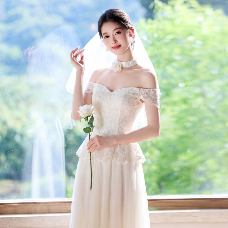 French-Style Off-The-Shoulder Engagement Dress for Women, Light Luxury Niche Sweet Little White Dress for Marriage Registration, Elegant Light Wedding Dress Suitable for Everyday Wear French-Style Off-The-Shoulder Engagement Dress for Women, Light Luxury Niche Sweet Little White Dress for Marriage Registration, Elegant Light Wedding Dress Suitable for Everyday Wear