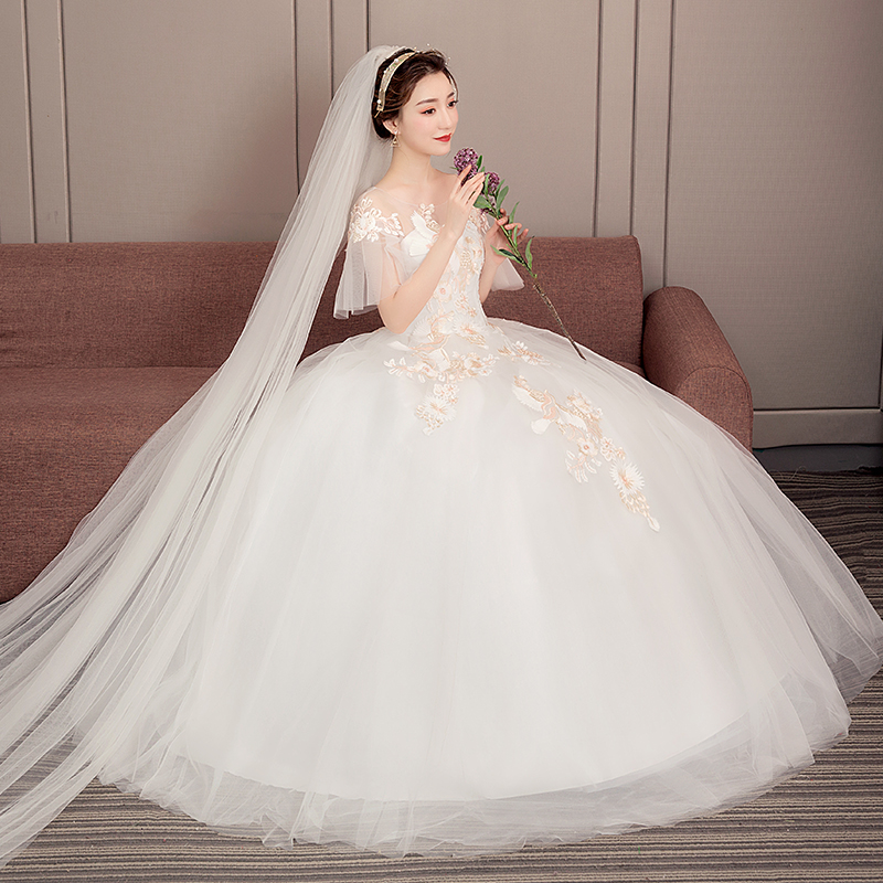 Wedding 2019 mới rượu sâm banh sáng từ vai sừng tay áo kéo dài đuôi đám cưới cho thấy giấc mơ mỏng váy cưới ánh sáng