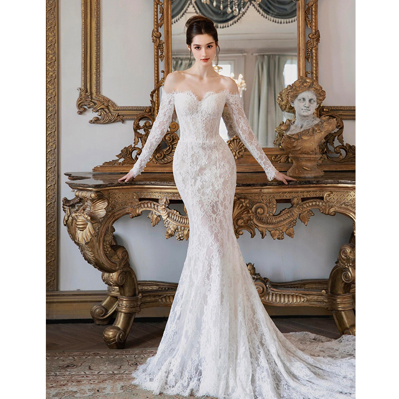 French-Style Off-Shoulder Long-Sleeve Lace Mermaid Light Wedding Dress 2026 New Model for Petite Brides, High-End Travel Photography Bridal Gown