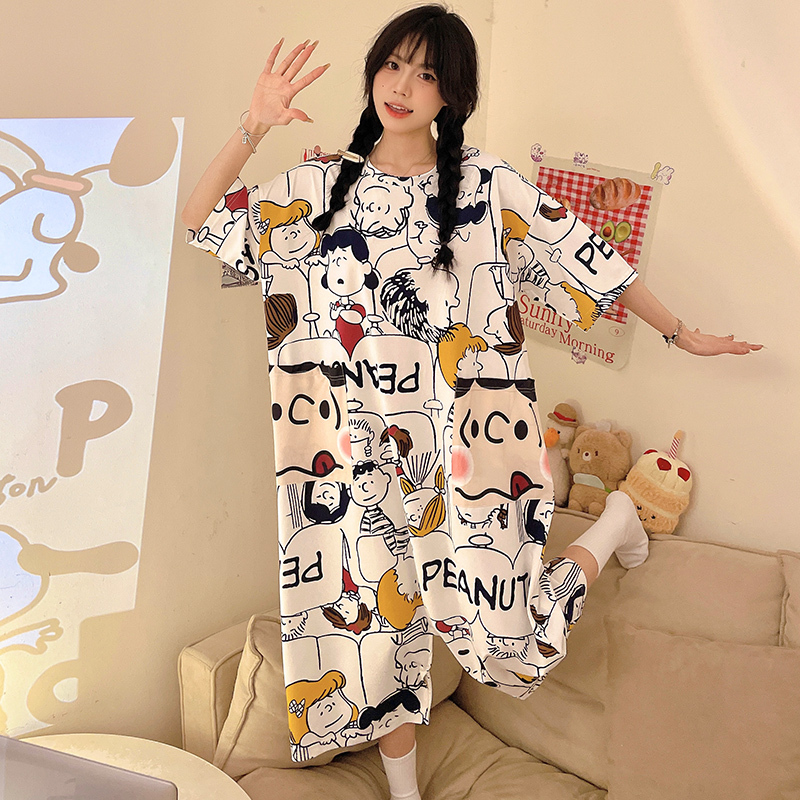 One-Piece Nightgown for Women, Summer Pure Cotton Short-Sleeved Plus Size for Fat Girls, 100kg Cartoon Cute Pajamas, Home Pants Skirt