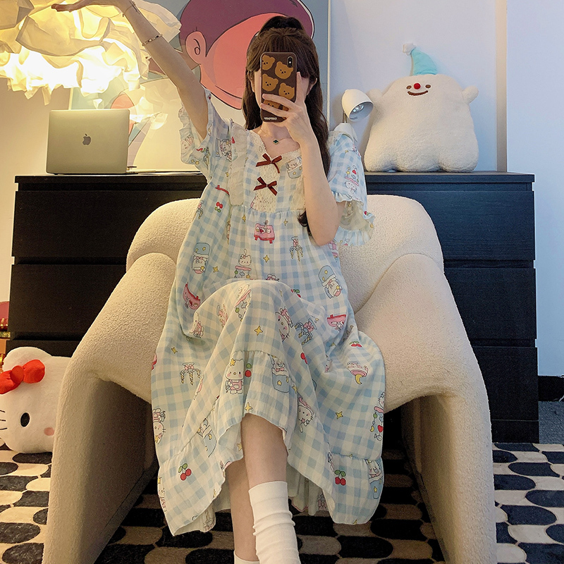 Summer Short-Sleeved Cloud Cotton Nightgown for Women Plus Size Fat mm 100kg Cartoon Cute Loose Pajamas Home Wear