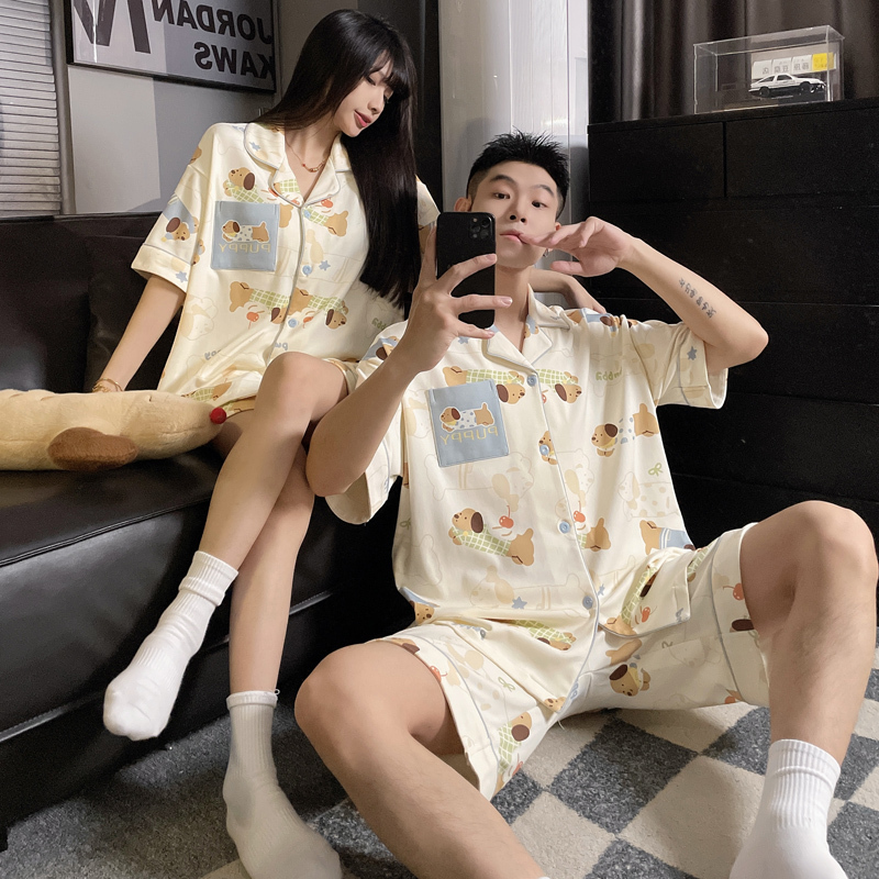 Couple Pajamas for Men and Women, Summer Short-Sleeved, Pure Cotton, Plus Size, 100kg Plus-Size Cartoon Design, Can Be Worn Outside, Loungewear