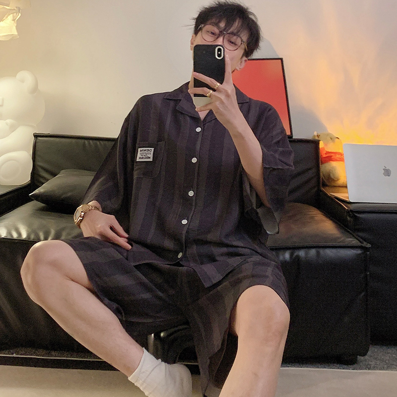 Summer Pure Cotton Short-Sleeved Shorts Pajamas for Men Plus Size Extra Large 150kg Fat Man Cardigan Black Striped Home Wear