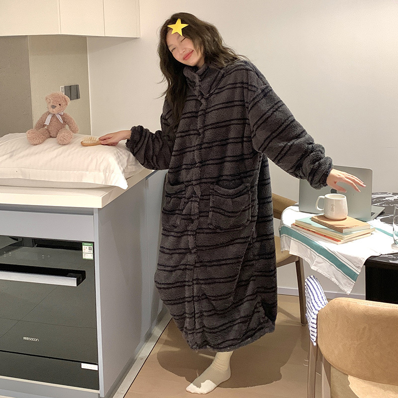 Winter Coral Fleece Striped Nightgown for Women, Long Plus Size 100kg for Chubby Women, Cardigan Button-Up Nightdress That Can Be Worn Outside Winter Coral Fleece Striped Nightgown for Women, Long Plus Size 100kg for Chubby Women, Cardigan Button-Up Nightdress That Can Be Worn Outside