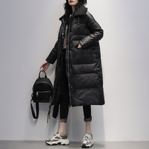 Lamb wool collar black down jacket woman mid length 2021 winter dress new Korean version white duck suede fashion thickened jacket
