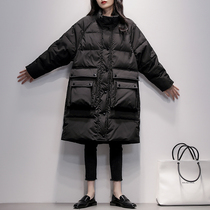 Black Over Knee Medium Long down jacket for women 2021 Winter fit new Korean version Collar White Duck Suede Easy Thickened Jacket