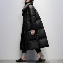 2021 Winter Dress New Korean Version Black Upright Collar Loose White Duck Suede Over Knee Long down Down Clothing Woman Thickened Jacket