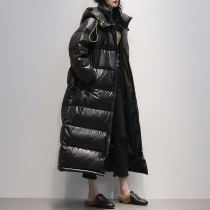 2021 Winter Dress New Korean Version Black Tandem Hat Fashion Slim bright face over knee length Down Jacket Clothing Woman Thickened Jacket