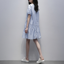 JLL one-piece dress New Korean version of the new Korean version Short sleeves Round Collar Loose slim and high waist mid-length A word skirt