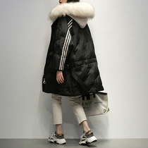 Large fur collar black medium long down jacket for women 2021 Winter fit new Korean version with cap fashion Loose Thickened Jacket