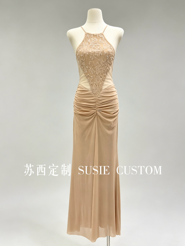 High-End Niche Pure Desire Halter Neck Lace Beaded Slightly Sheer Mesh Waist-Revealing Bodycon Long Dress Birthday Vacation Gown High-End Niche Pure Desire Halter Neck Lace Beaded Slightly Sheer Mesh Waist-Revealing Bodycon Long Dress Birthday Vacation Gown