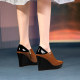 坡跟单鞋女2025春季新款复古设计感真皮漆皮尖头防水台厚底高跟鞋