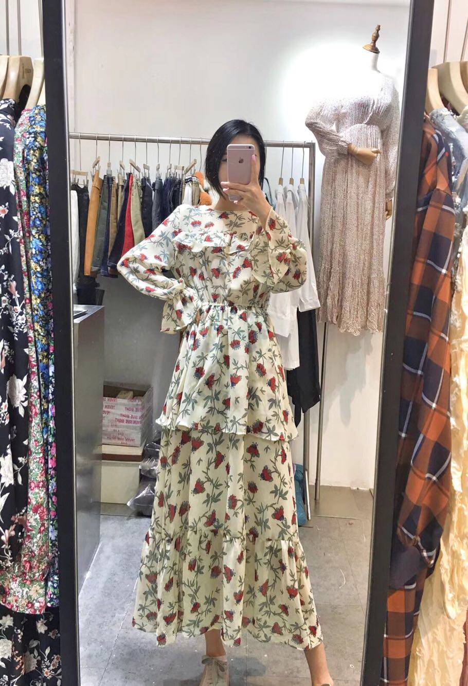 韩版潮百搭ulzzang18早春新品女装圆领长袖收腰碎花雪纺连衣裙