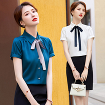 Professional short-sleeved bow shirt womens new 2021 summer design sense niche chiffon top front overalls