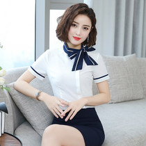 Career Short Sleeve Shirt Woman Butterfly Knot Silk Scarf Blouses Hotel Front Desk Beauty Salon 4S Shop Work Suit Summer