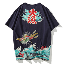 2022 large fish Haitang lovers personality T-shirt Waves Flying Birds Cartoon Cartoon Men Short Sleeves Pure Cotton Casual Half Sleeve Tide