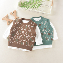 Boy baby sweater vest set baby spring and autumn knitted vest children cotton bottomed T-shirt two-piece set
