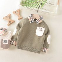 2021 autumn boys fake two sweater shirt collar children Baby Baby pullover autumn winter bottoming sweater