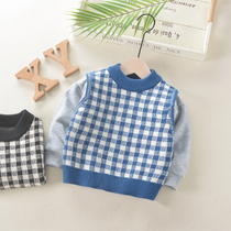 Boys plaid sweater Korean fake two pieces autumn and winter new childrens pullover sweater foreign baby child shirt
