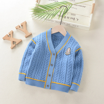 2021 Spring and Autumn Boys College Style V-neck Knitted Cardigan Childrens Baby Korean Sweater Jacket Tide