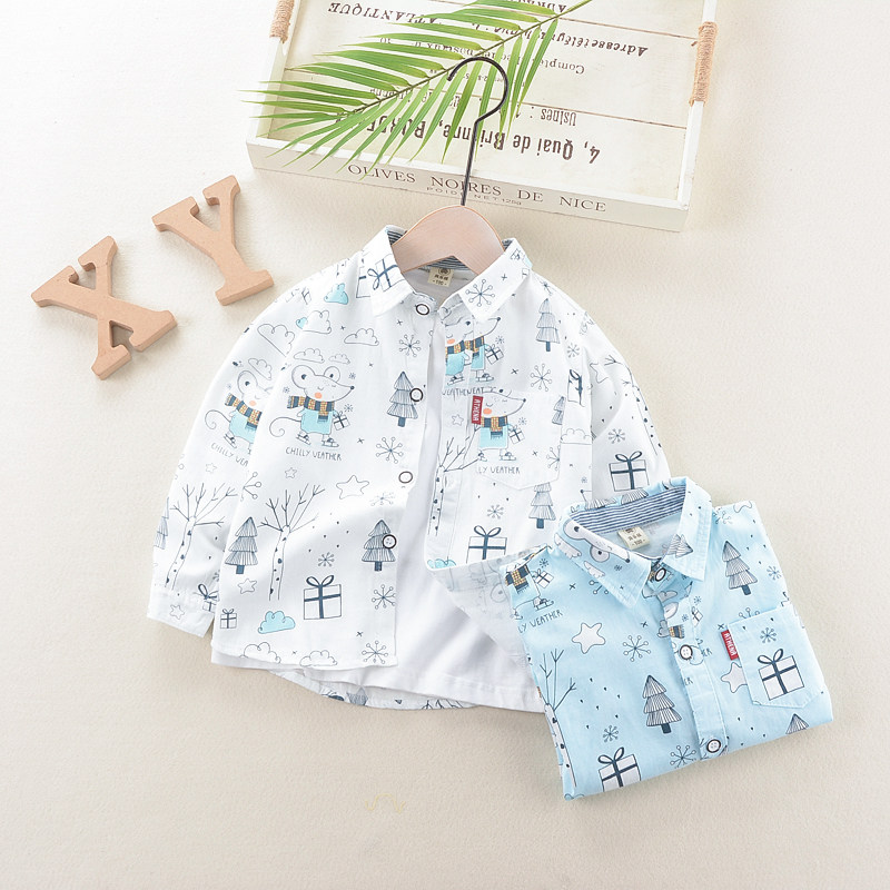 Boys' long sleeve shirt cartoon 2021 spring coat baby Foreign school children Spring and Autumn lapel collar white shirt thin