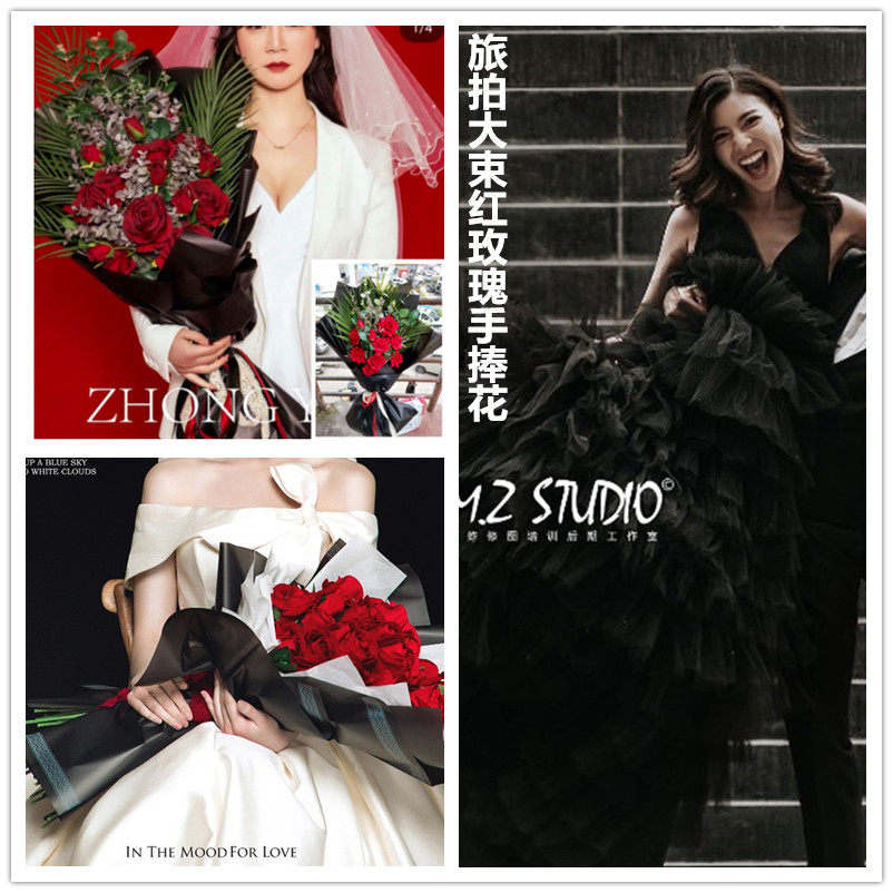 New street wedding photography photo photography props travel clap hand bouquet large bouquet of red roses package flower paper simulation