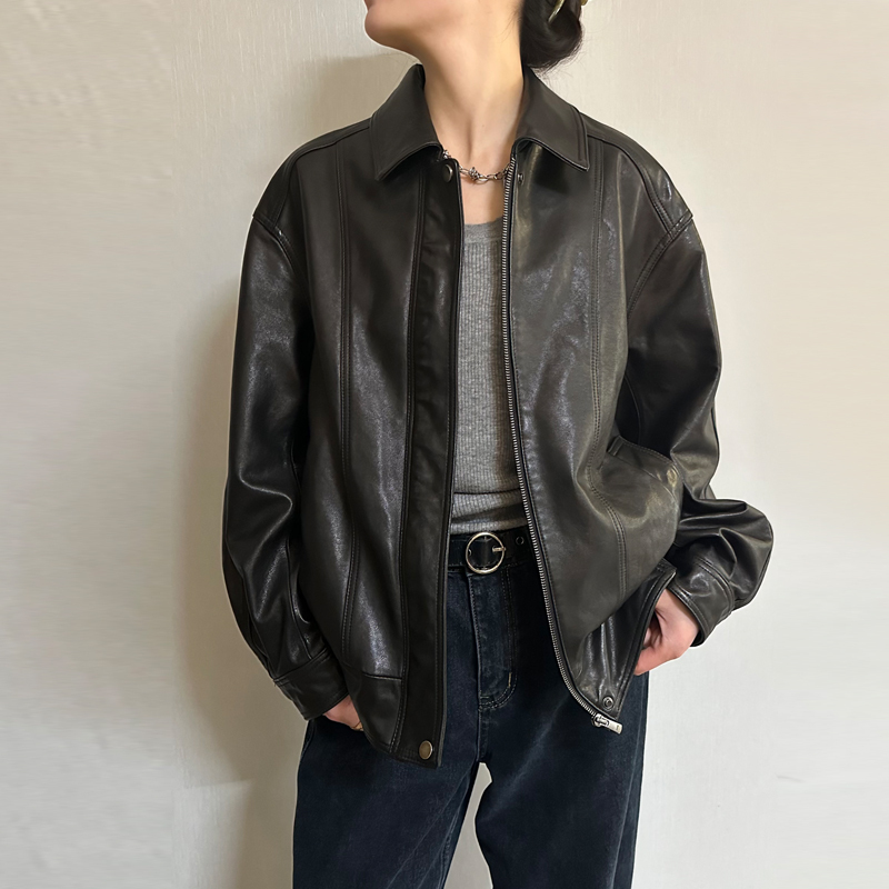 Korean Style Autumn and Winter New Vegetable-Tanned Sheepskin Leather Motorcycle Pilot Jacket for Women, Loose Mid-Length Coat