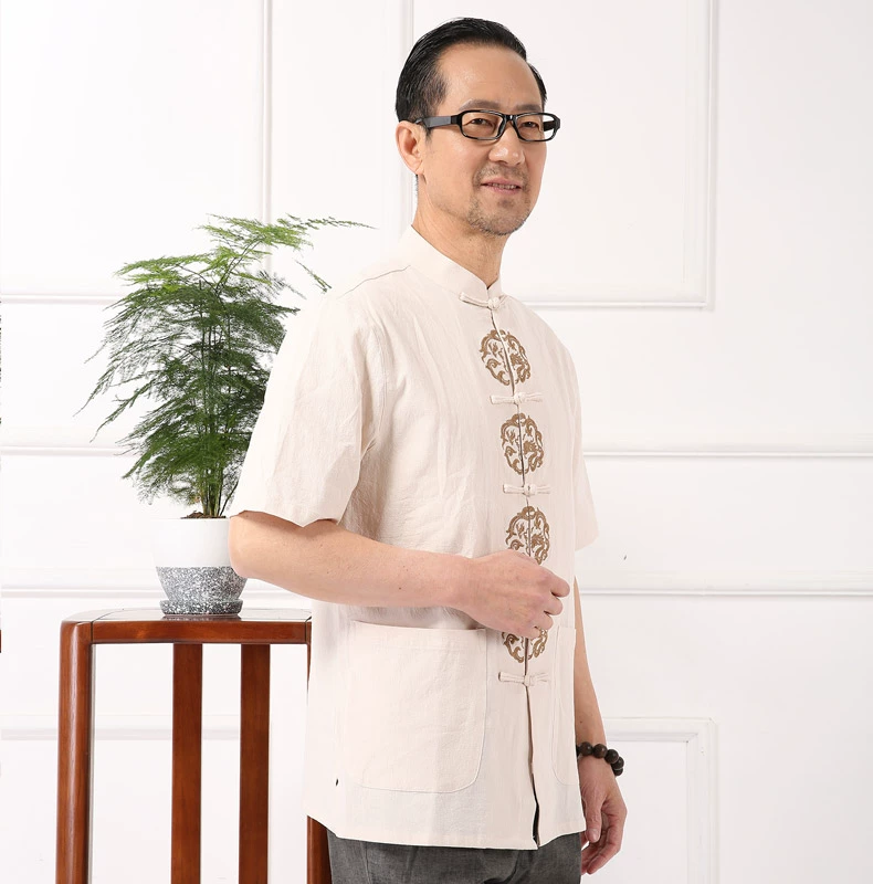 Mùa hè 2017 bộ đồ Tang nam cổ điển Trung Quốc áo khoác gió nam phù hợp với trang phục trung niên vải thô