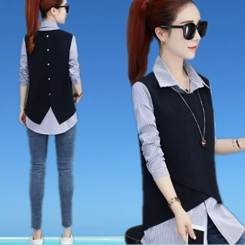 2021 mùa thu mới hương vị Hồng Kông retro giả áo hai mảnh nữ phiên bản Hàn Quốc thiết kế hoang dã cảm giác thích hợp xu hướng áo sơ mi dài tay - Áo sơ mi
