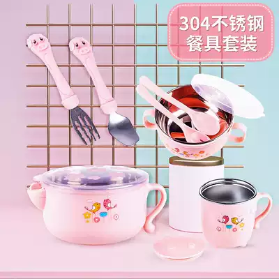 304 Stainless Steel Bowl Baby Learn to Eat Anti-Fall Ear Bowl Double Heat Insulation Baby Bowl Spoon Tableware Set