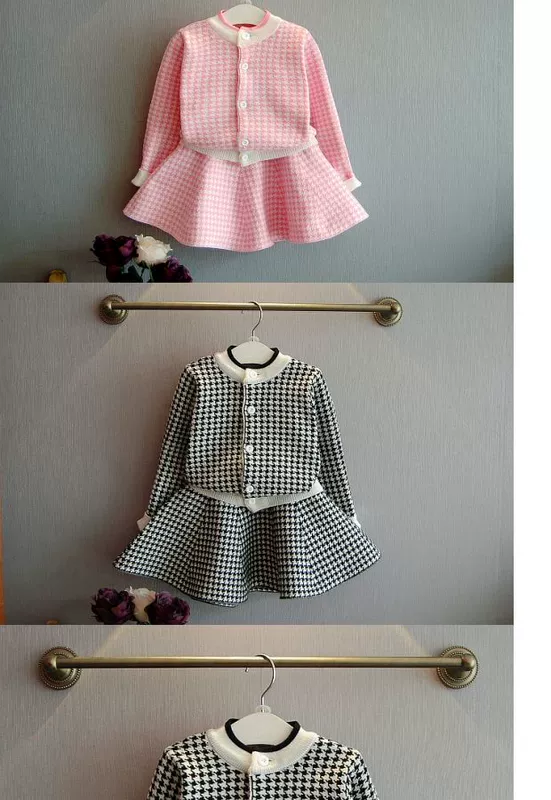 Bộ đồ đan cho bé gái Houndstooth 2018 Thu Đông Hàn Quốc mới nhất Áo len cho bé gái Áo len ngắn Váy hai dây quần áo em bé