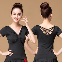 Milk silk short sleeve square top Plus size women slim V-neck openwork halter yoga casual t-shirt dance clothes