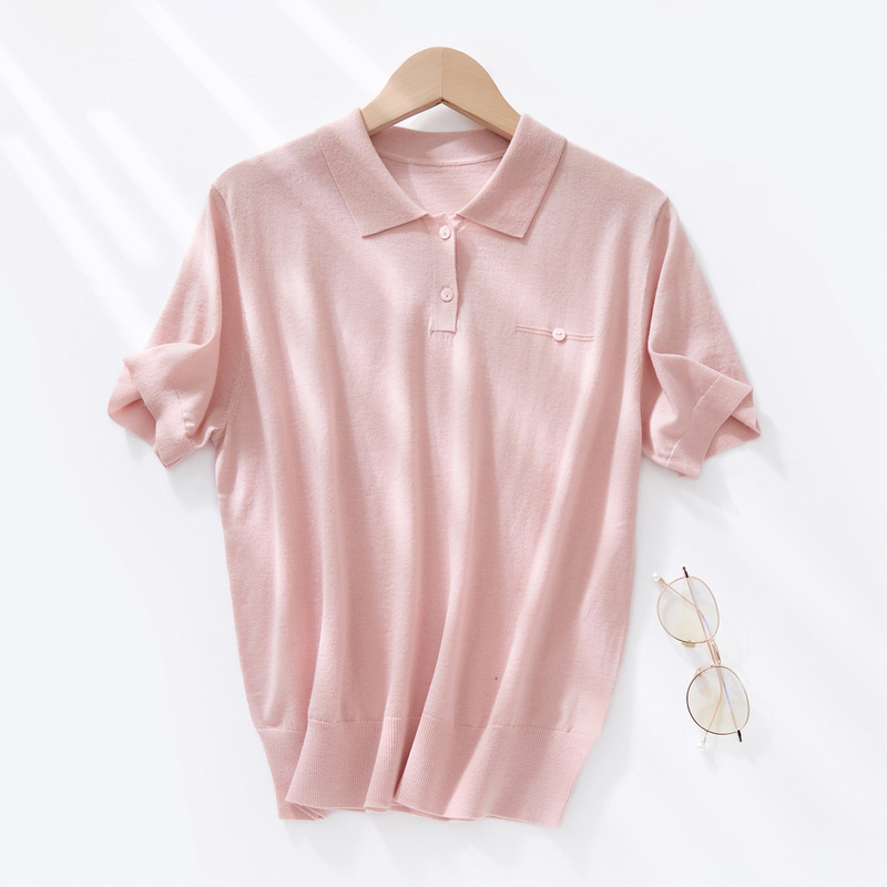 Polo Collar Fine Wool Short-Sleeve Knit Top for Women, Thin Short T-Shirt Vest, Spring and Summer Age-Reducing Turn-Down Collar Half-Sleeve Top