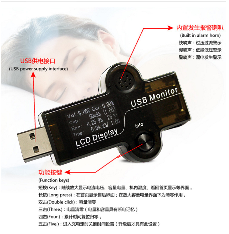 Công cụ kiểm tra giám sát hiện tại và điện áp USB sạc công cụ phát hiện khả năng tải điện hỗ trợ sạc nhanh QC2.0