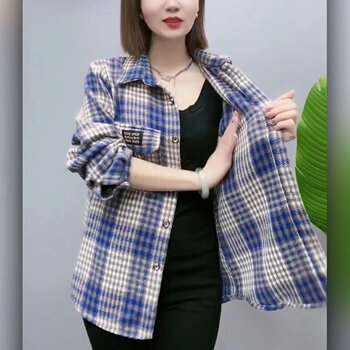 Loose casual cardigan long sleeve cotton plaid shirt for women