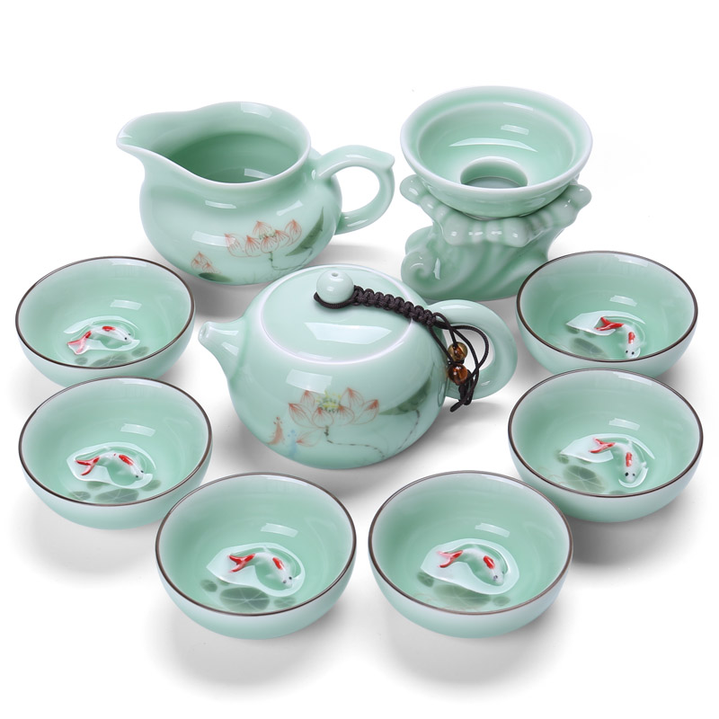 Chiang kai - shek hand - made celadon lotus rhyme tea set a complete set of kung fu tea cups ceramic teapot tea gift box