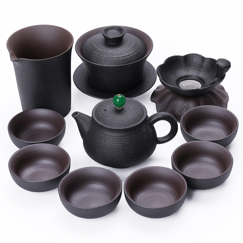 Is black pottery tea set suit household ceramics kongfu zen rhyme teapot tea cups of tea of a complete set of gift boxes