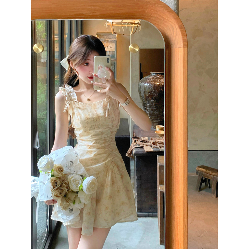 Q Women's Home First Peach Fragrance/French Romantic Yellow Floral Dress for Women, Summer Petite Stunning Strap Dress