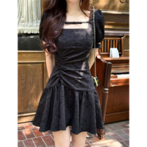 Q Womens Home Black Truffle Style Display Slim Black One-piece Dress Little Sub Advanced Senses Waist Short Skirt Child Summer