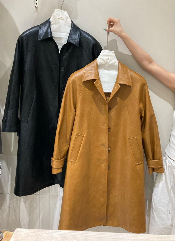 Authentic Stall Product【Noagi】Retro Style Long Trench Coat with Single-Breasted Buttons and Raglan Sleeves, Leather Jacket Pu Coat for Women