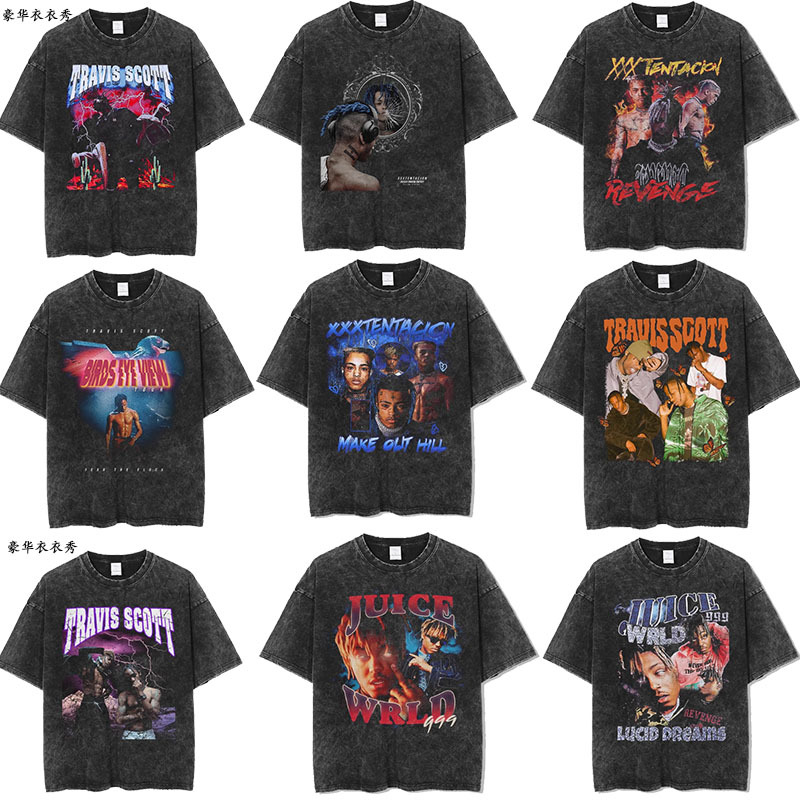 Travis Scott Short-Sleeved T-Shirt Rap Asap High Street Xxxtentacion Washed Vintage