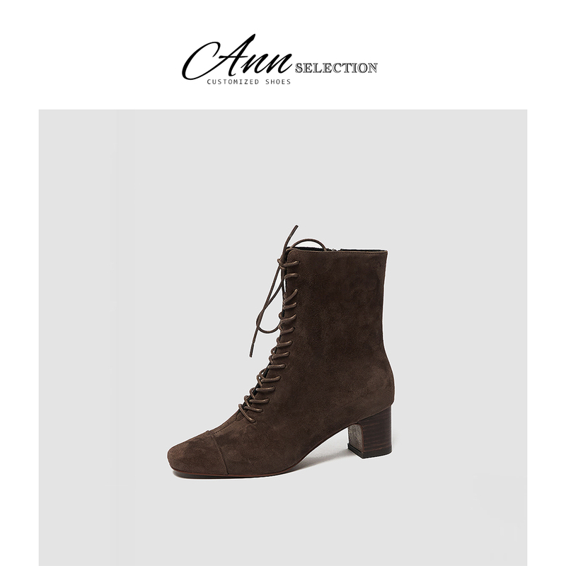 French Retro Suede Short Boots for Women, Spring & Fall Single Boots, Modern Elegant Ankle Boots, Square Toe Lace-Up Brown High-Heeled Boots